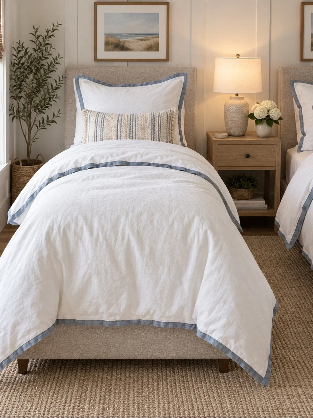 Pottery Barn Linen Duvet Cover - White with Chambray Blue Trim